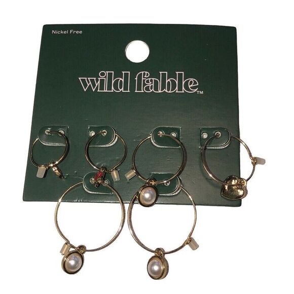 Wild Fable Earring Trio Set Gold Tone Hoops, Dangle Pearl, Roses Nickel Free New - Picture 1 of 7
